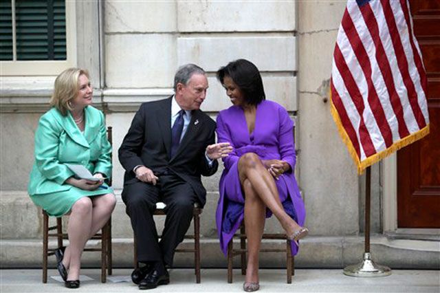 First Lady Michelle Obama, Mayor Michael Bloomberg, and Sen. Kirsten Gillibrand during the ribbon cutting ceremony officially reopening the Charles Engelhard Court of the newly renovated American Wing at the Metropolitan Museum of Art.